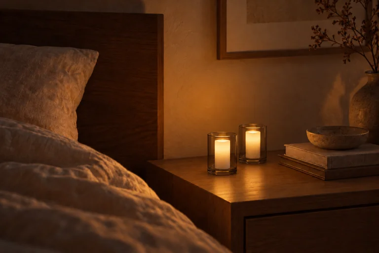Two glowing candles in light smoke glass votive holders on a bedside table beside books and a bed