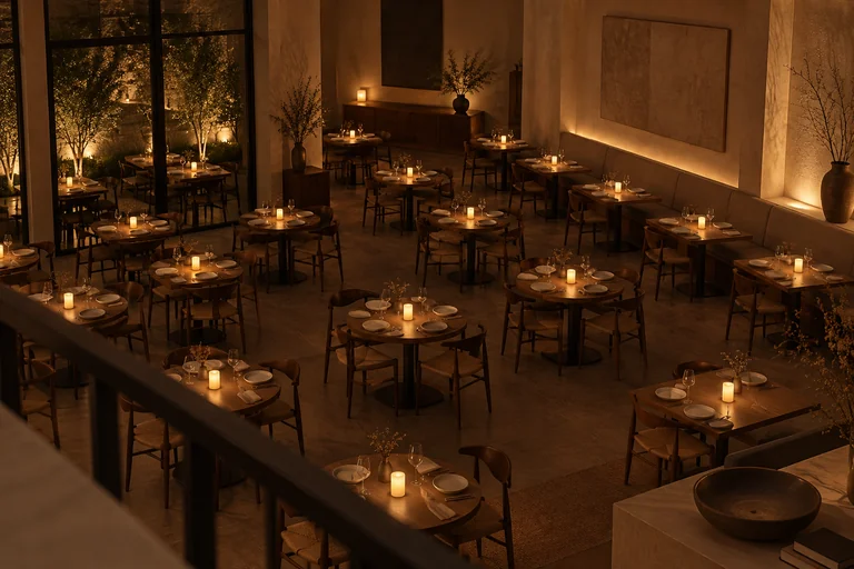 A dining room with small table lights before service