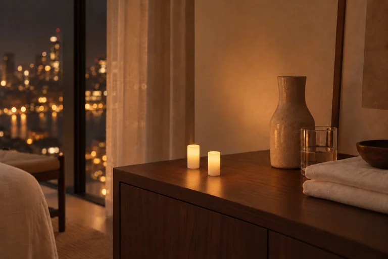 Two glowing candles on a bedside cabinet in a guest room beside a city window