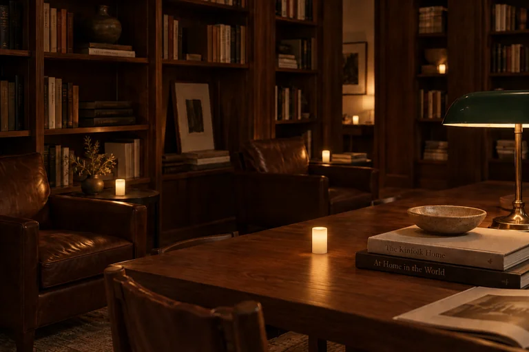 Small glowing candles on low tables in a library lounge with leather chairs and bookshelves