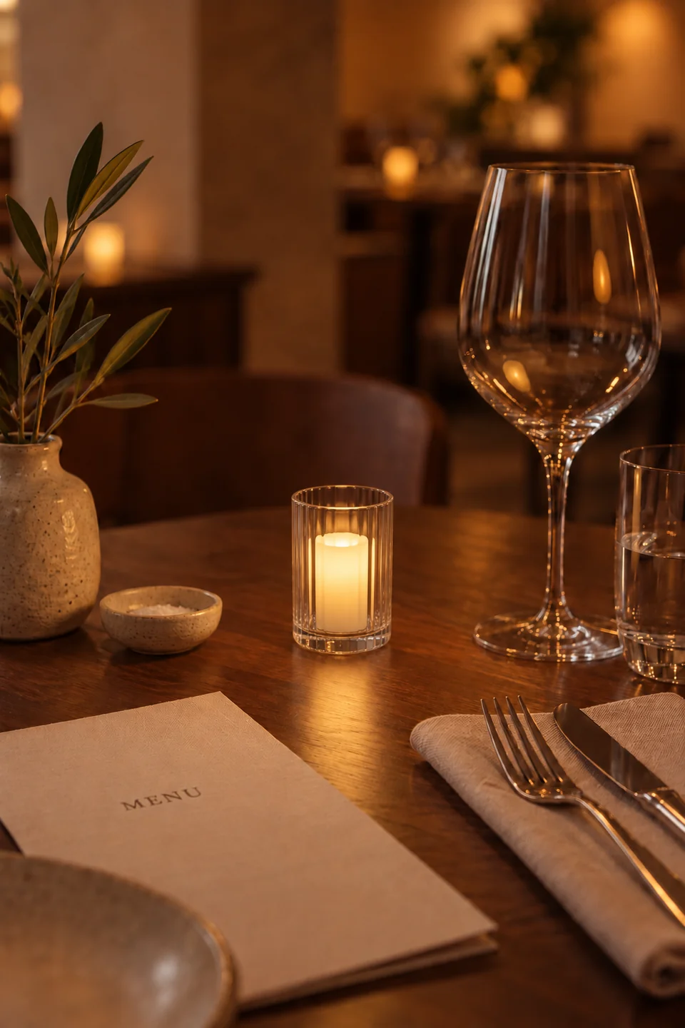 A small glowing candle in a fluted glass votive holder beside glassware and cutlery on a table