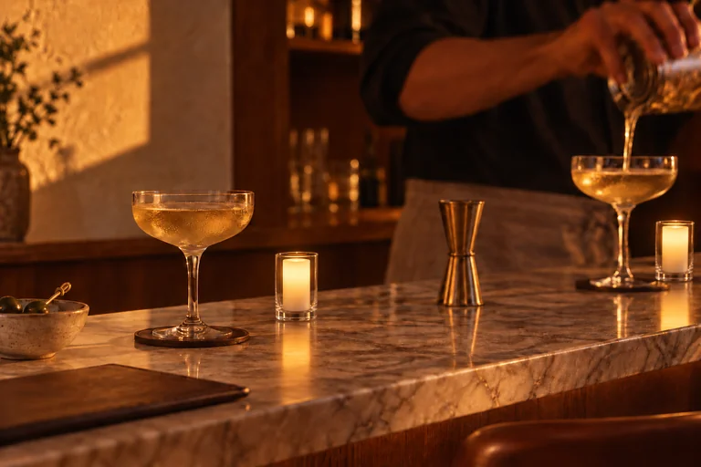 Glowing candles in clear glass votive holders beside drinks at a bar