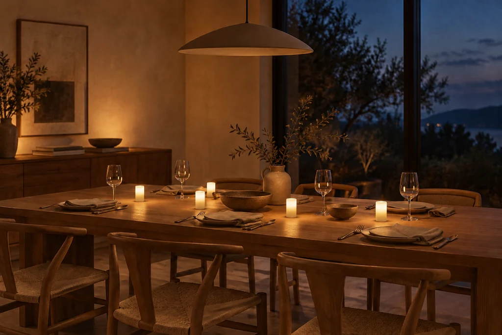 Five glowing wax candles spaced across a dining table at dusk