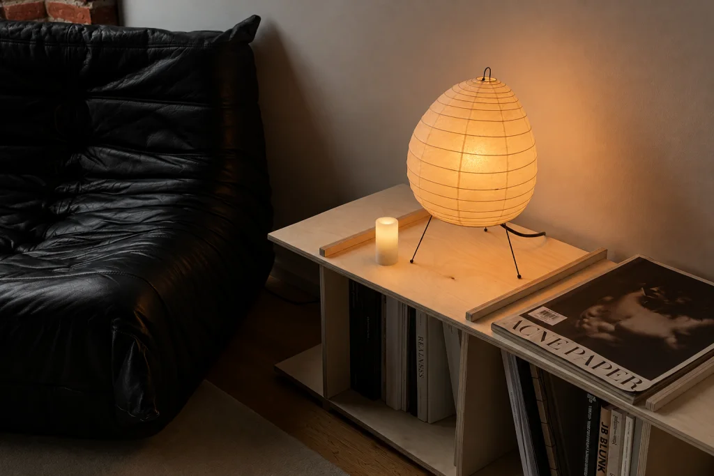 A small Context candle on a wooden side table beside a lamp and a dark armchair