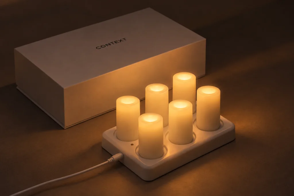 Six glowing candles on their charging dock beside the Context box
