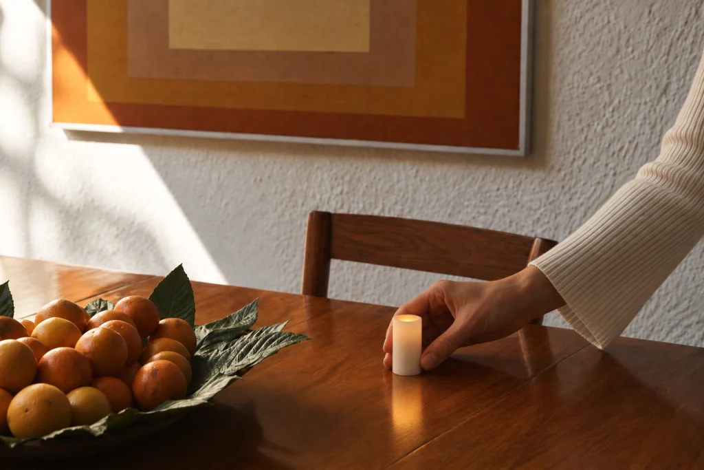 A hand around a small Context candle on a wooden dining table