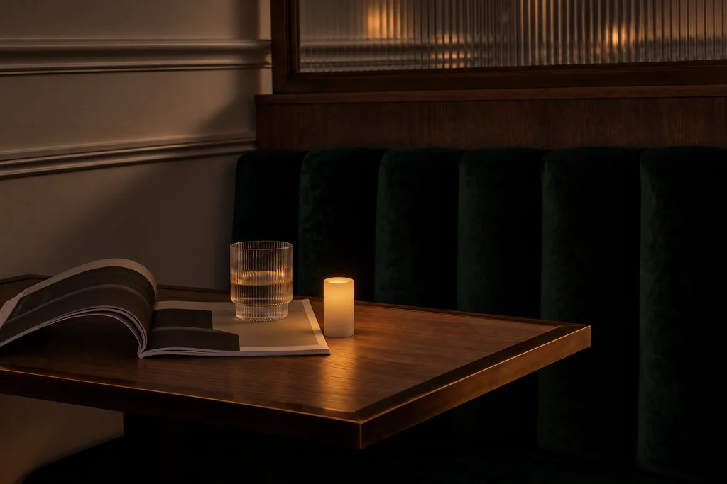 A glowing Context candle on a wooden table beside a dark upholstered booth and ribbed glass partition