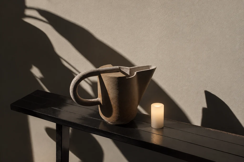 A glowing Context candle beside a sculptural ceramic pitcher in directional daylight